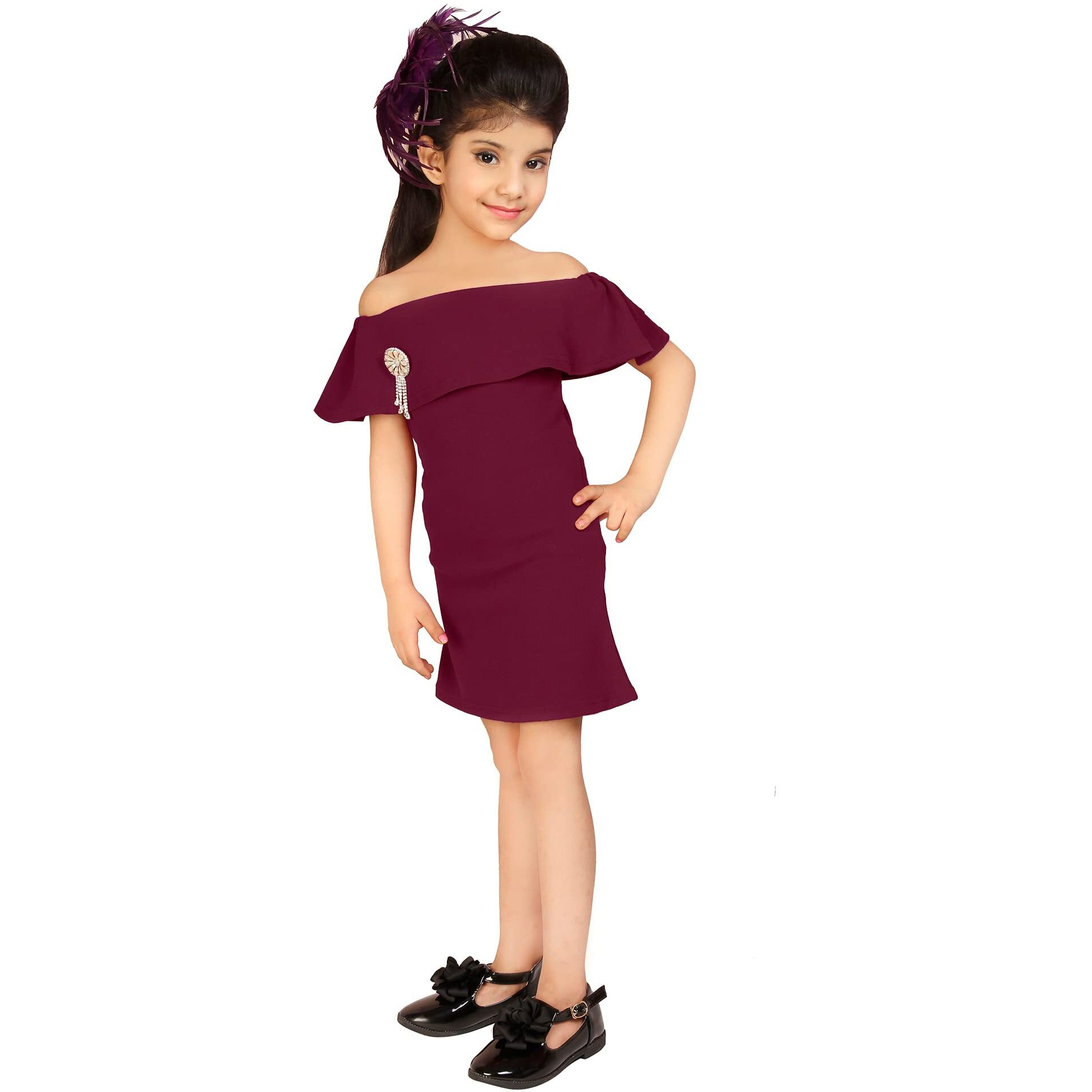 Addyvero Off Shoulder Neck Sleeveless Cotton Blend Solid Bodycon Knee-Length Girls Dress (Purple, 2-3Y)