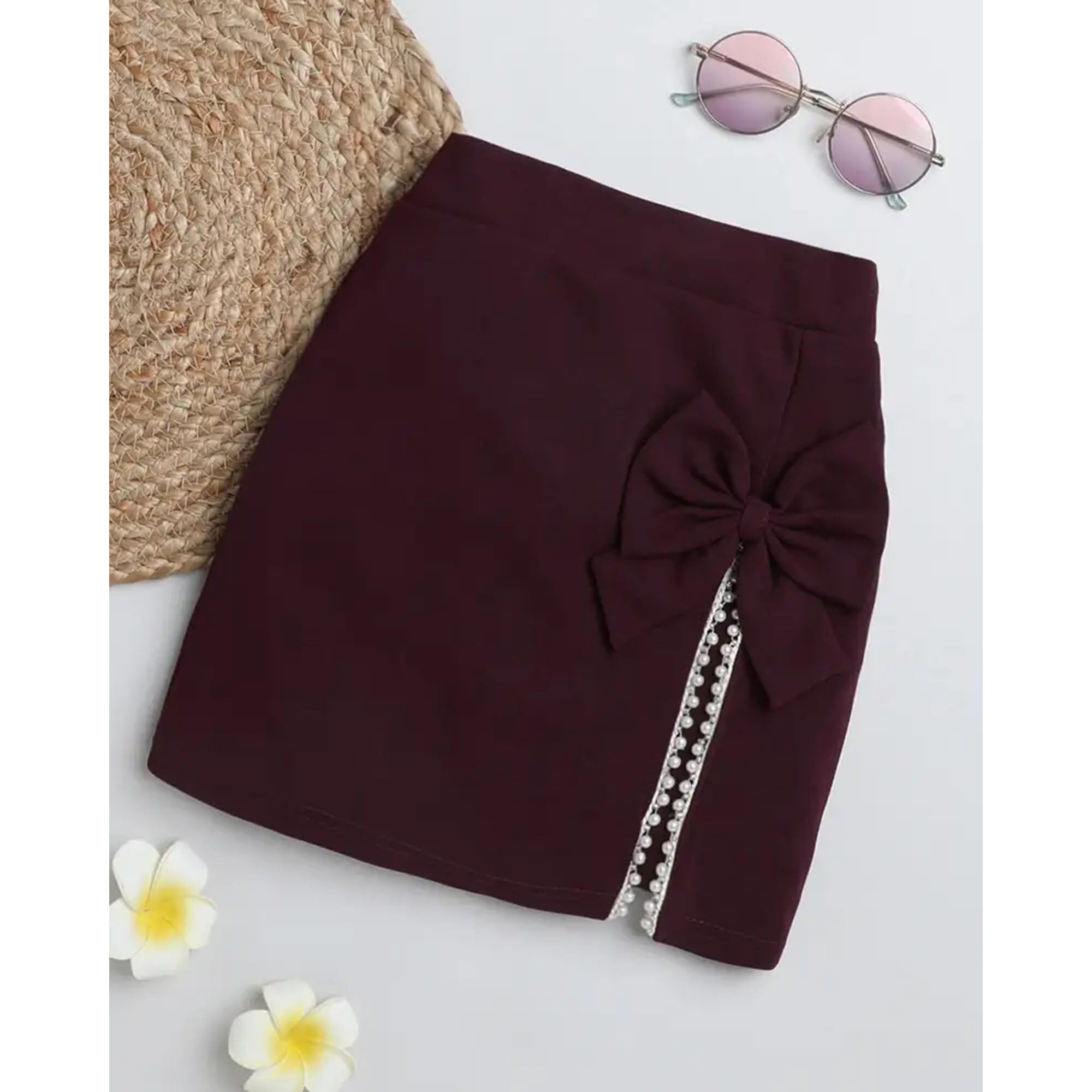 Addyvero High Rise Elastic Waist With Lace And Bow Cotton Blend Solid Regular Fit Knee-Length Girls Pencil Fit (Maroon, 3-4Y)