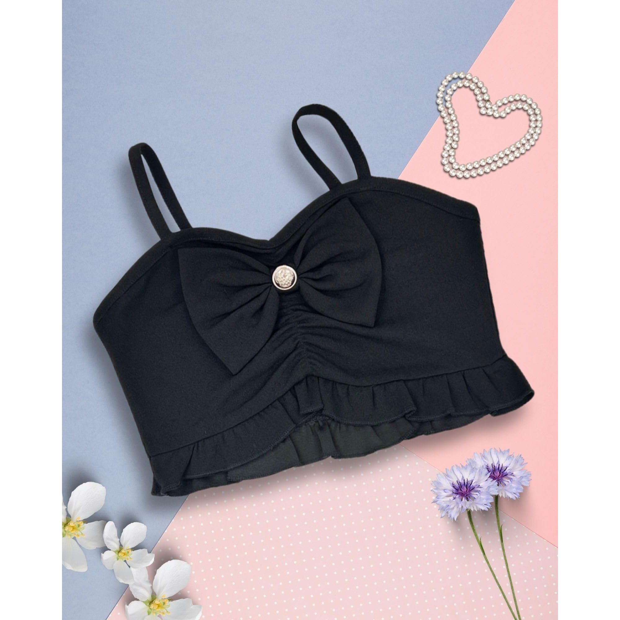 Addyvero Girls/Kids Solid Front Bow With Button Shoulder Strap Regular Fit Girls Cami Top (Black, 7-8Y)