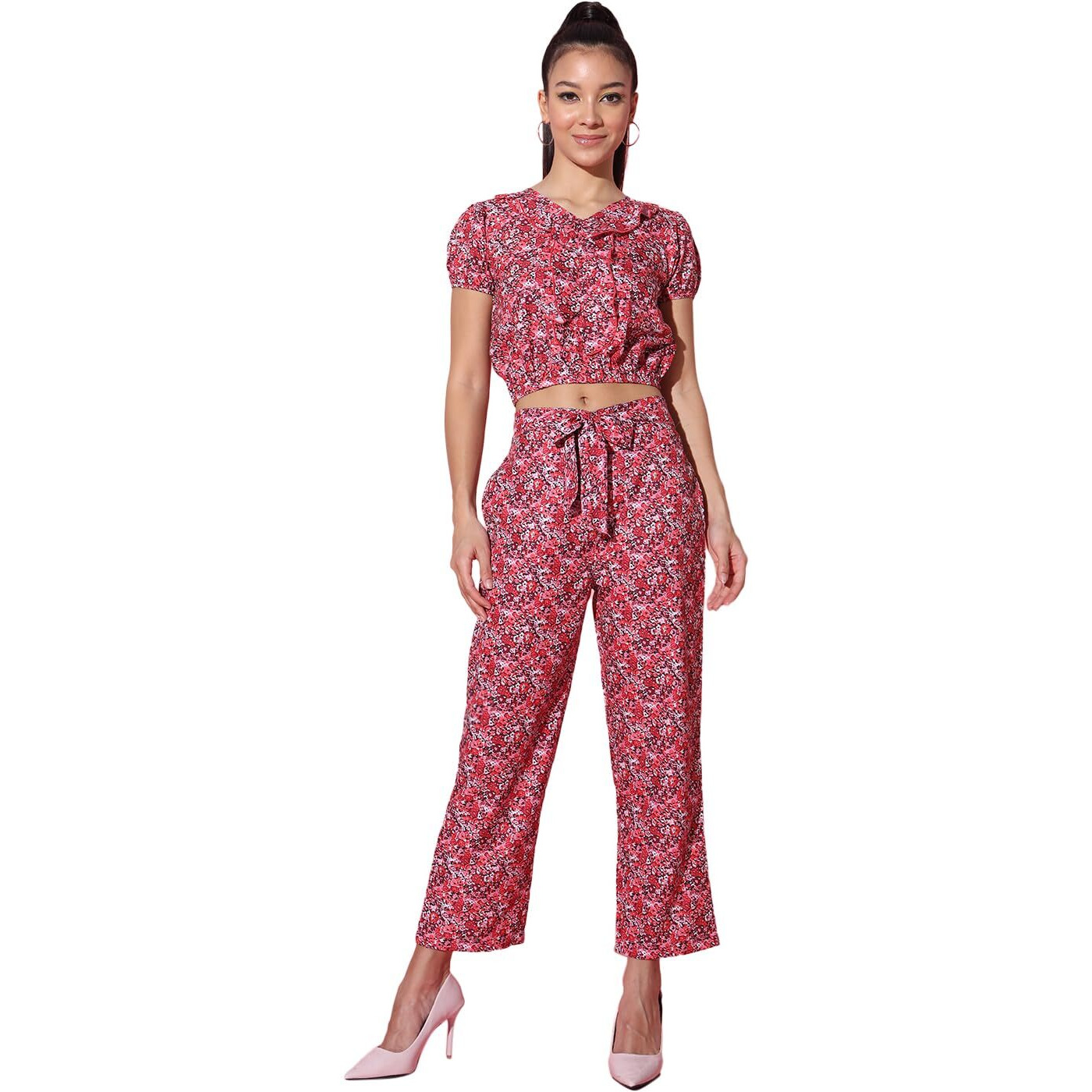 Addyvero Women Red Printed Ruffles Crop Top & Back Elasticated Pocket Pant Casual Wear Co Ord Set 1 Top, 1 Pant (Red, L)