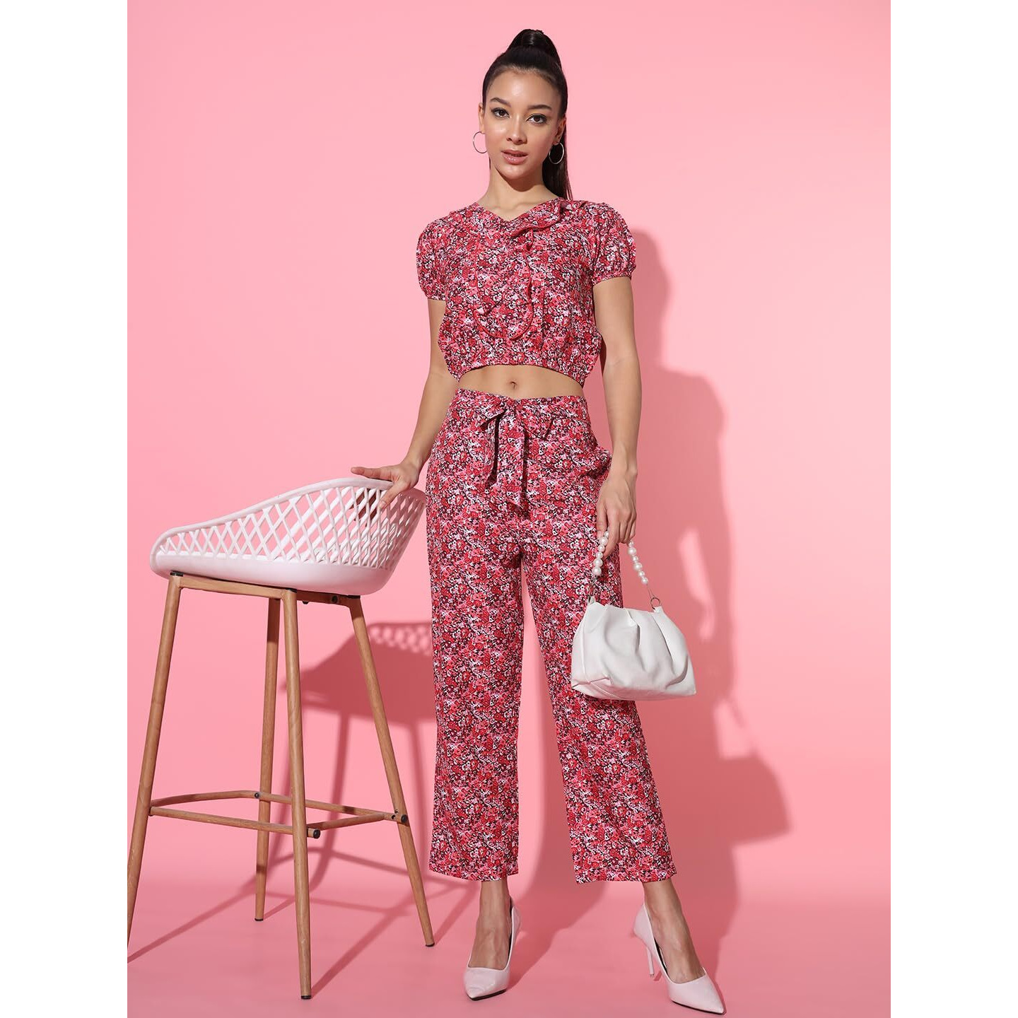 Addyvero Women Red Printed Ruffles Crop Top & Back Elasticated Pocket Pant Casual Wear Co Ord Set 1 Top, 1 Pant (Red, L)