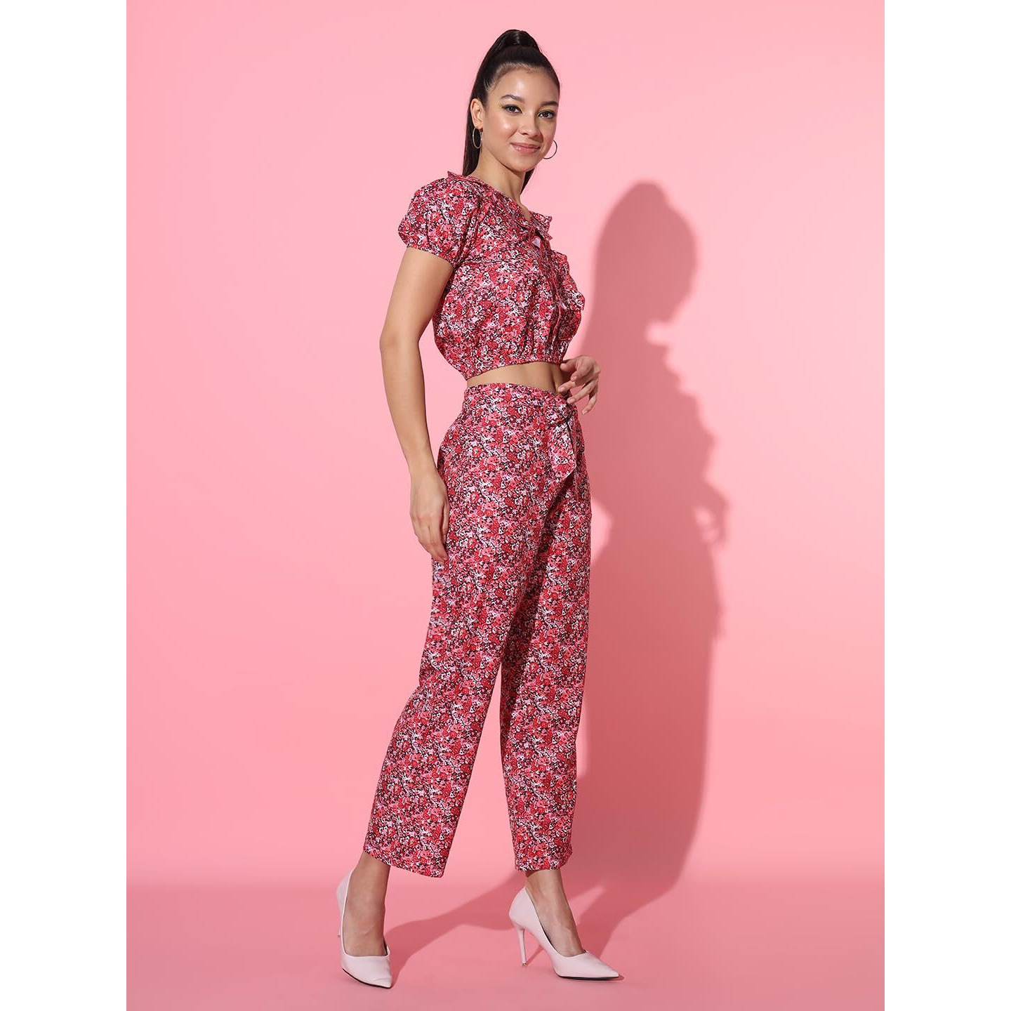 Addyvero Women Red Printed Ruffles Crop Top & Back Elasticated Pocket Pant Casual Wear Co Ord Set 1 Top, 1 Pant (Red, L)