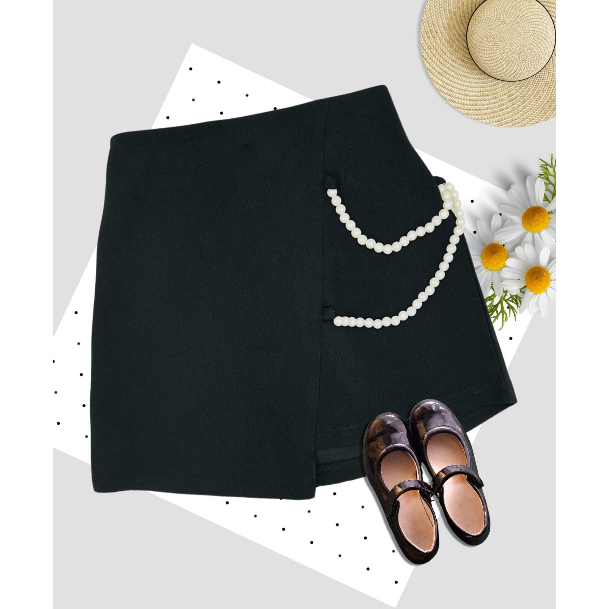 Addyvero Girls/Kids Solid Front Side Pearl Lace Elasticated Waistband A-Line Regular Fit Girls Skirt (Black, 7-8Y)