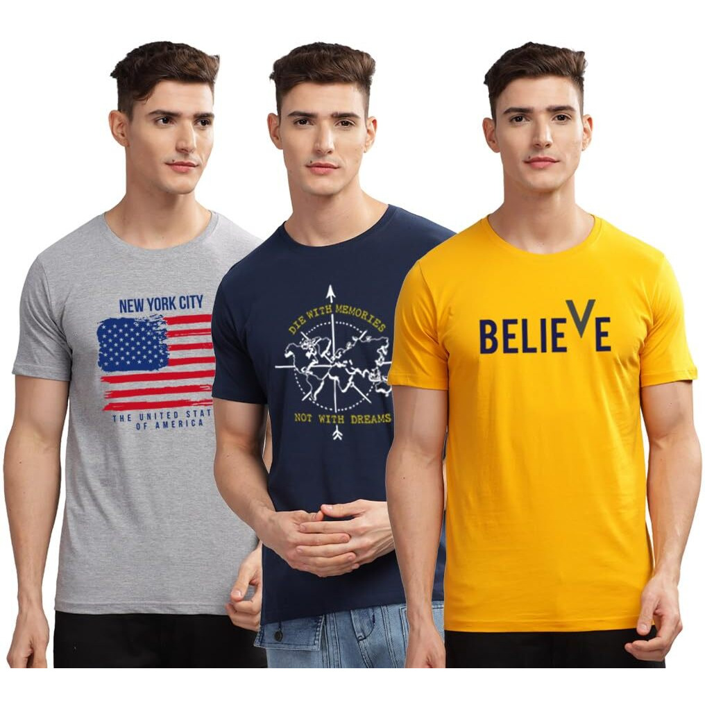 Adro 100% Cotton Lycra Tshirts For Men Combo Pack Of 3 | Regular Fit | Printed T Shirt | Round Neck Half Sleeve| Mens Tshirts|Rcm3_Bvv-Mu_Die-Nb_Nww-Gr_3Xl