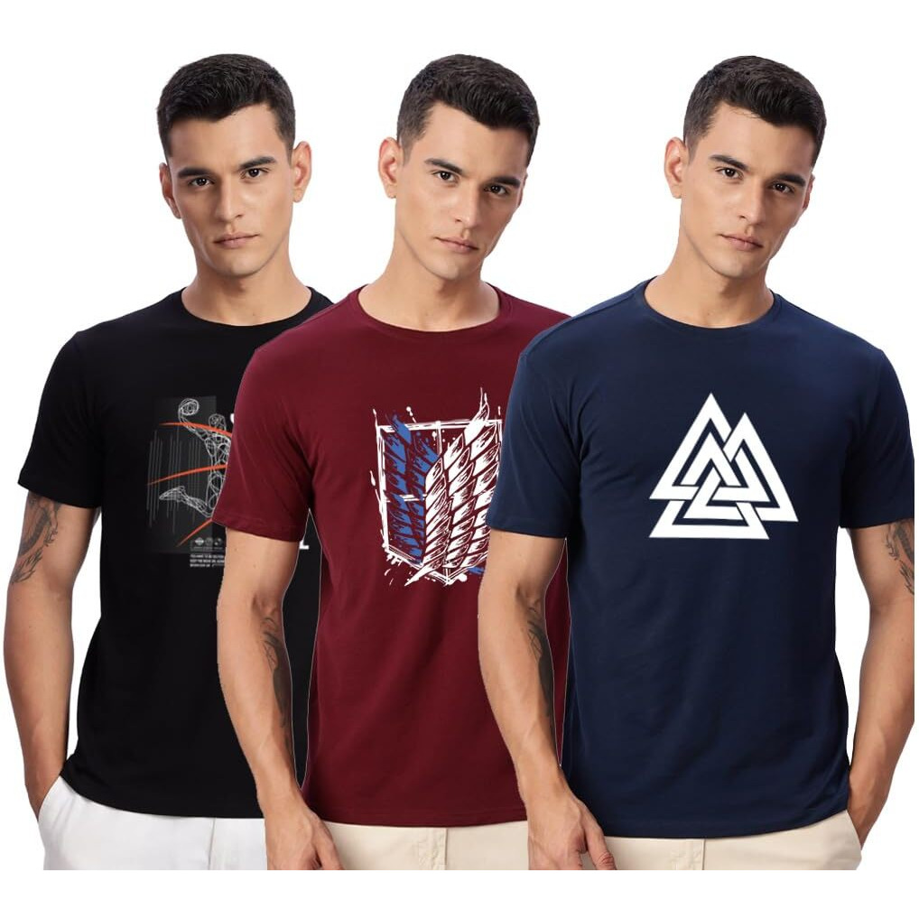Adro 100% Cotton Lycra Tshirts For Men Combo Pack Of 3 | Regular Fit | Printed T Shirt | Round Neck Half Sleeve| Mens Tshirts|Rcm3_Tkt-Nb_Winn-Mr_Bcl-Bl_Xl