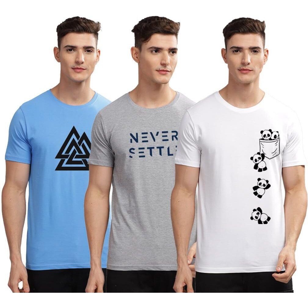 Adro 100% Cotton Lycra Tshirts For Men Combo Pack Of 3 | Regular Fit | Printed T Shirt | Round Neck Half Sleeve| Mens Tshirts|Rcm3_Poc-Wh_Set-Gr_Tkt-Sk_M