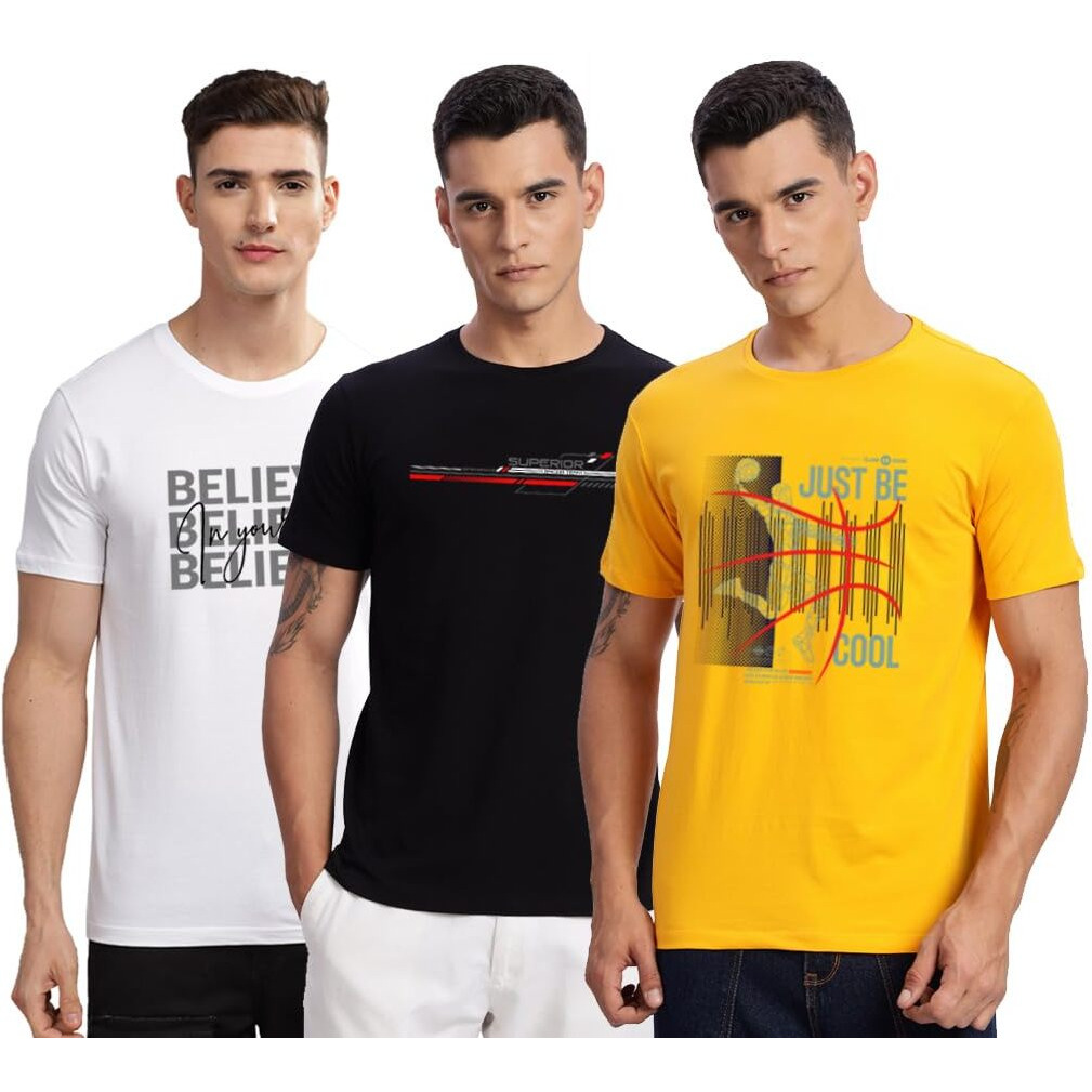 Adro 100% Cotton Lycra Tshirts For Men Combo Pack Of 3 | Regular Fit | Printed T Shirt | Round Neck Half Sleeve| Mens Tshirts|Rcm3_Bcl-Mu_Rac-Bl_Inv-Wh_L