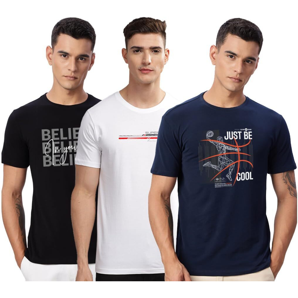 Adro 100% Cotton Lycra Tshirts For Men Combo Pack Of 3 | Regular Fit | Printed T Shirt | Round Neck Half Sleeve| Mens Tshirts|Rcm3_Bcl-Nb_Rac-Wh_Inv-Bl_L