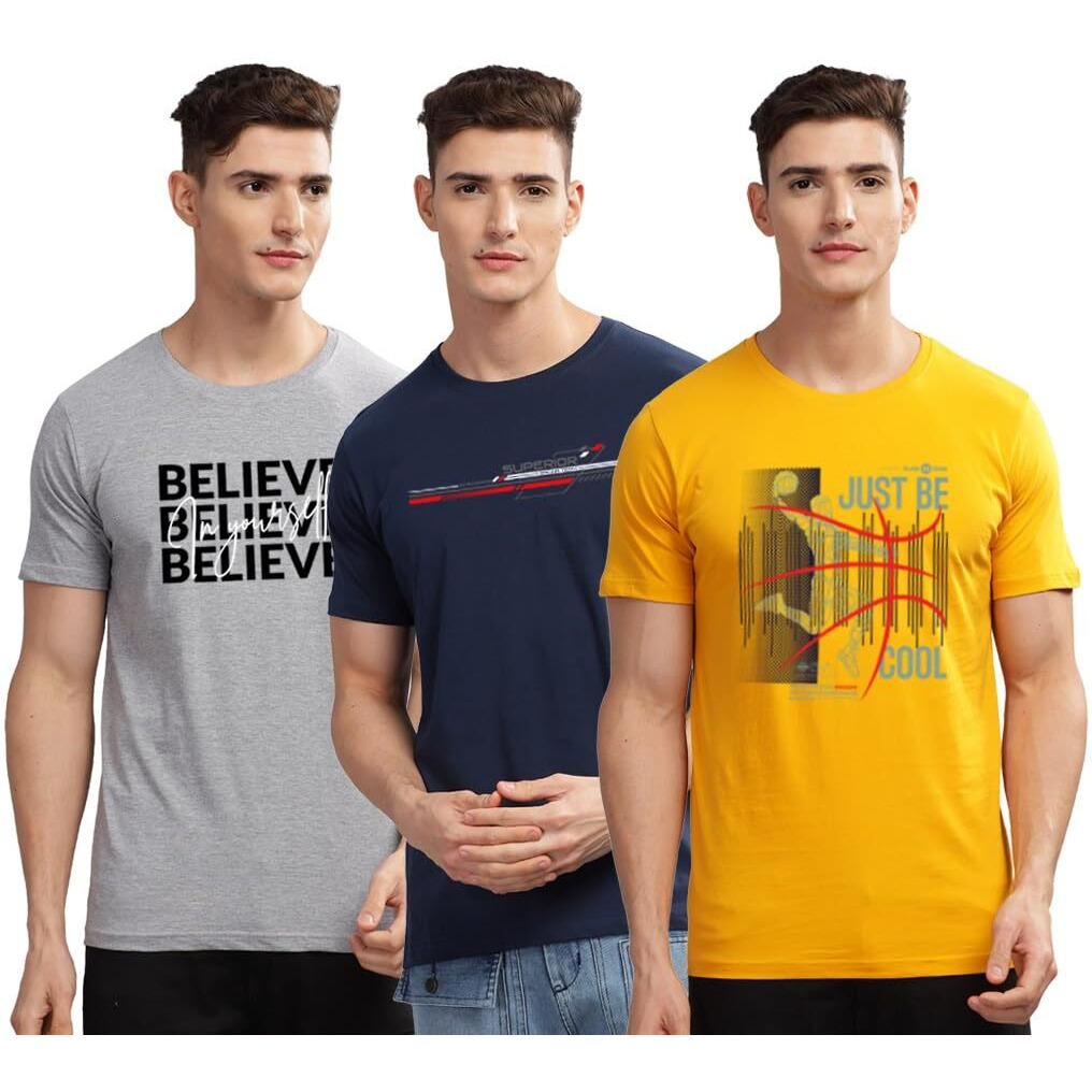 Adro 100% Cotton Lycra Tshirts For Men Combo Pack Of 3 | Regular Fit | Printed T Shirt | Round Neck Half Sleeve| Mens Tshirts|Rcm3_Bcl-Mu_Rac-Nb_Inv-Gr_M