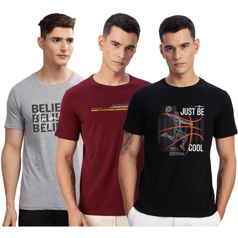 Adro 100% Cotton Lycra Tshirts For Men Combo Pack Of 3 | Regular Fit | Printed T Shirt | Round Neck Half Sleeve| Mens Tshirts|Rcm3_Bcl-Bl_Rac-Mr_Inv-Gr_Xl