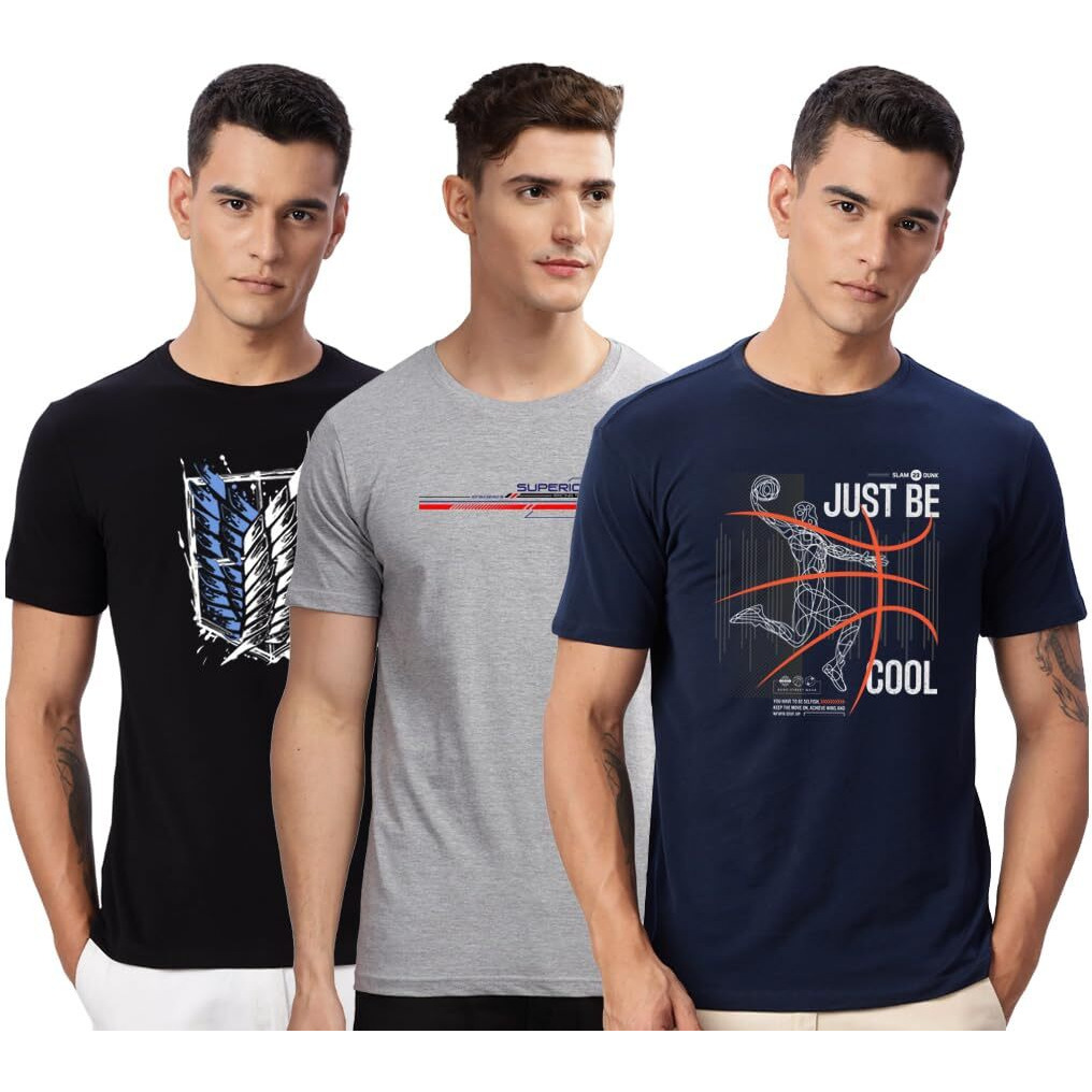 Adro 100% Cotton Lycra Tshirts For Men Combo Pack Of 3 | Regular Fit | Printed T Shirt | Round Neck Half Sleeve| Mens Tshirts|Rcm3_Bcl-Nb_Rac-Gr_Winn-Bl_Xl