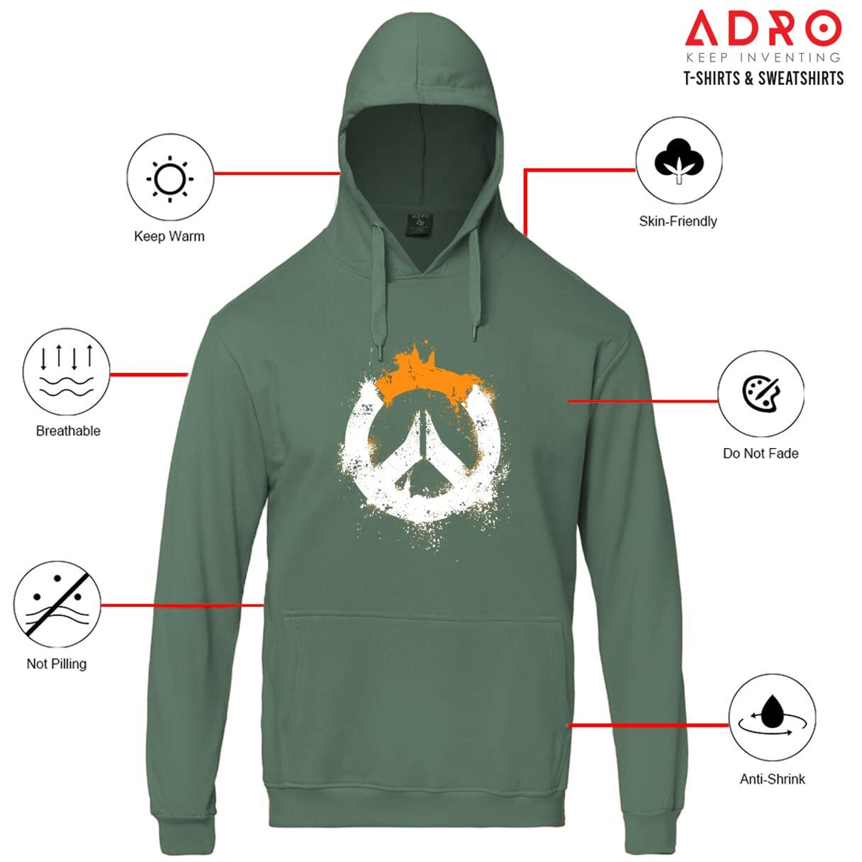 Adro Men's Cotton Peace Design Hooded Neck Printed Hoodie Sweatshirt (H-M-Pc-Pt_Pista_M) Green