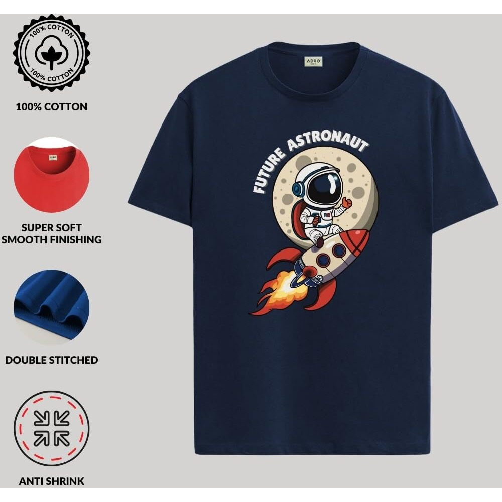 Adro T Shirts For Boys & Girls | Astronaut Printed T-Shirt | Ages 3-14 | 100% Cotton Round Neck Tshirt For Boys |Krn-L2-Astro-Nb-7-8Y Navy Blue