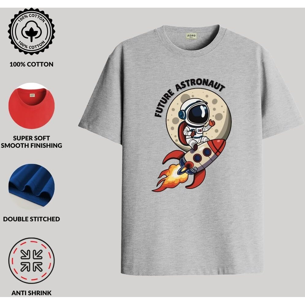 Adro T Shirts For Boys & Girls | Astronaut Printed T-Shirt | Ages 3-14 | 100% Cotton Round Neck Tshirt For Boys |Krn-L2-Astro-Gr-13-14Y Grey