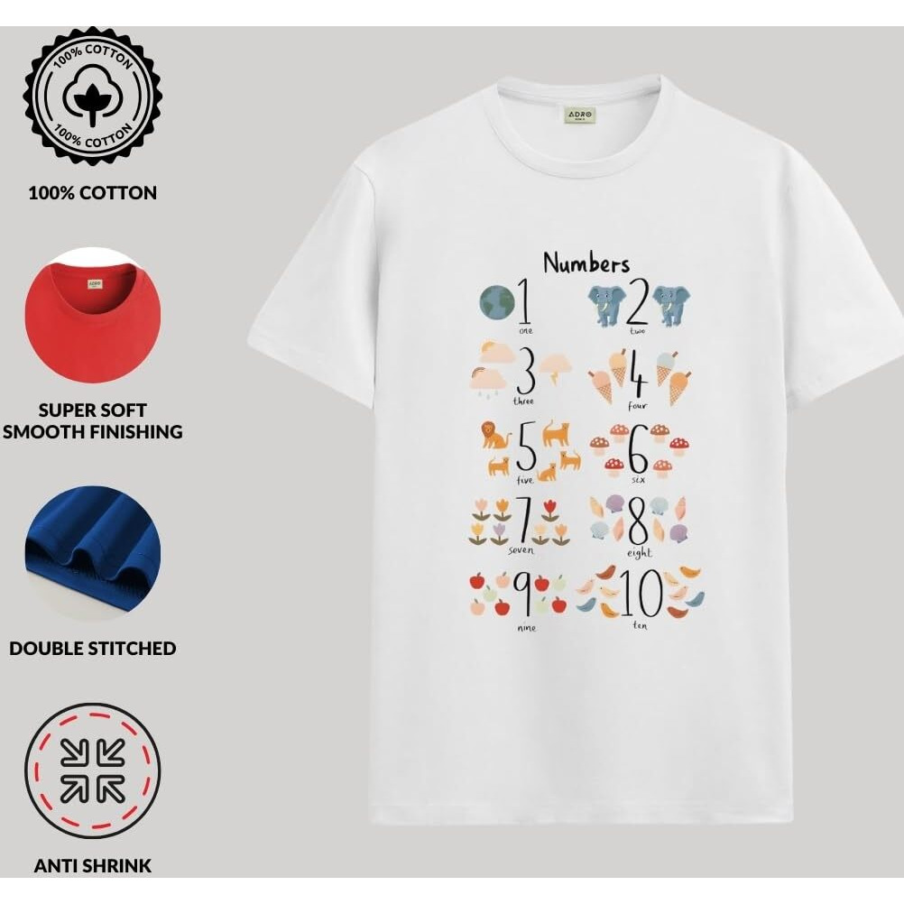 Adro T Shirts For Boys & Girls || Learning Numbers Printed T-Shirt || Ages 3-14 || 100% Cotton Round Neck Tshirt For Boys & Girls||Krn-Numb-Wh-5-6Y White