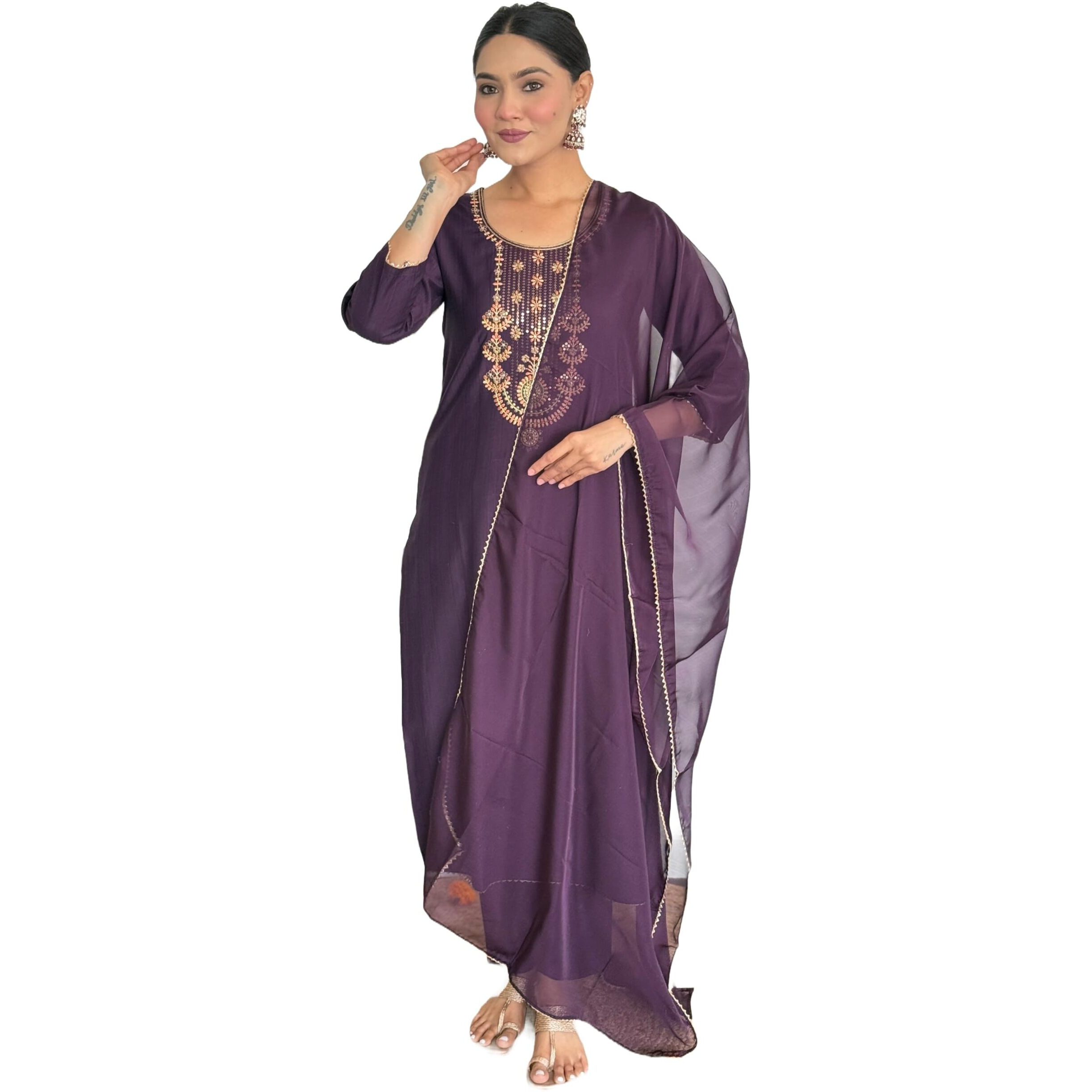 Alvami Women's Silk Embroidery Straight Kurta And Pant Set With Dupatta (Charulata_Purple_Al_M)