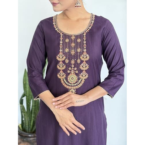 Alvami Women's Silk Embroidery Straight Kurta And Pant Set With Dupatta (Charulata_Purple_Al_M)