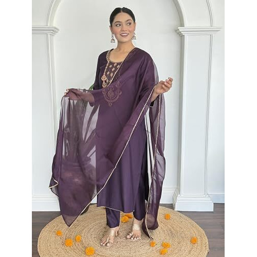 Alvami Women's Silk Embroidery Straight Kurta And Pant Set With Dupatta (Charulata_Purple_Al_M)