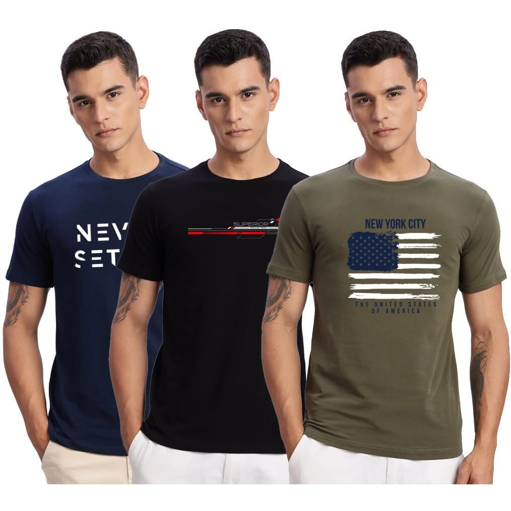 Adro 100% Cotton Lycra Tshirts For Men Combo Pack Of 3 | Regular Fit | Printed T Shirt | Round Neck Half Sleeve| Mens Tshirts|Rcm3_Nww-Ol_Rac-Bl_Set-Nb_2Xl
