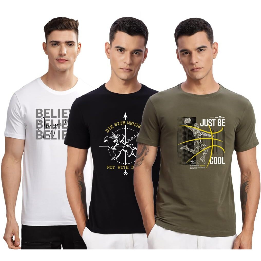 Adro 100% Cotton Lycra Tshirts For Men Combo Pack Of 3 | Regular Fit | Printed T Shirt | Round Neck Half Sleeve| Mens Tshirts|Rcm3_Bcl-Ol_Die-Bl_Inv-Wh_L