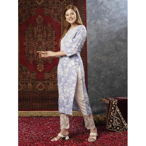 Anni Designer Women's Cotton Blend Chikankari Embroidered Straight Kurta (Zainab Grey-Jb_M_Grey_Medium)