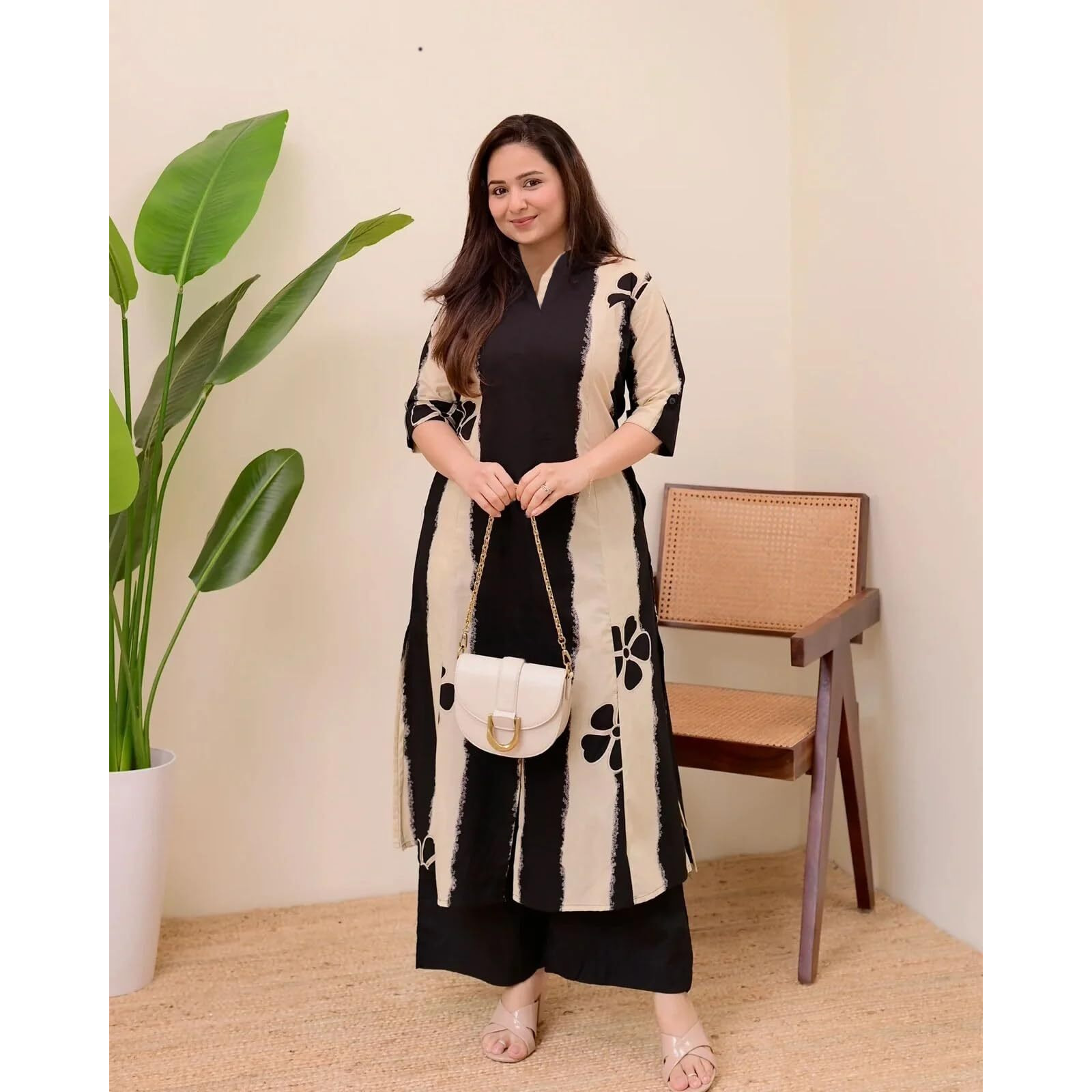 Anni Designer Women's Rayon Viscose A-Line Printed Kurta With Pant (Ritual Black_S_Black_Small)