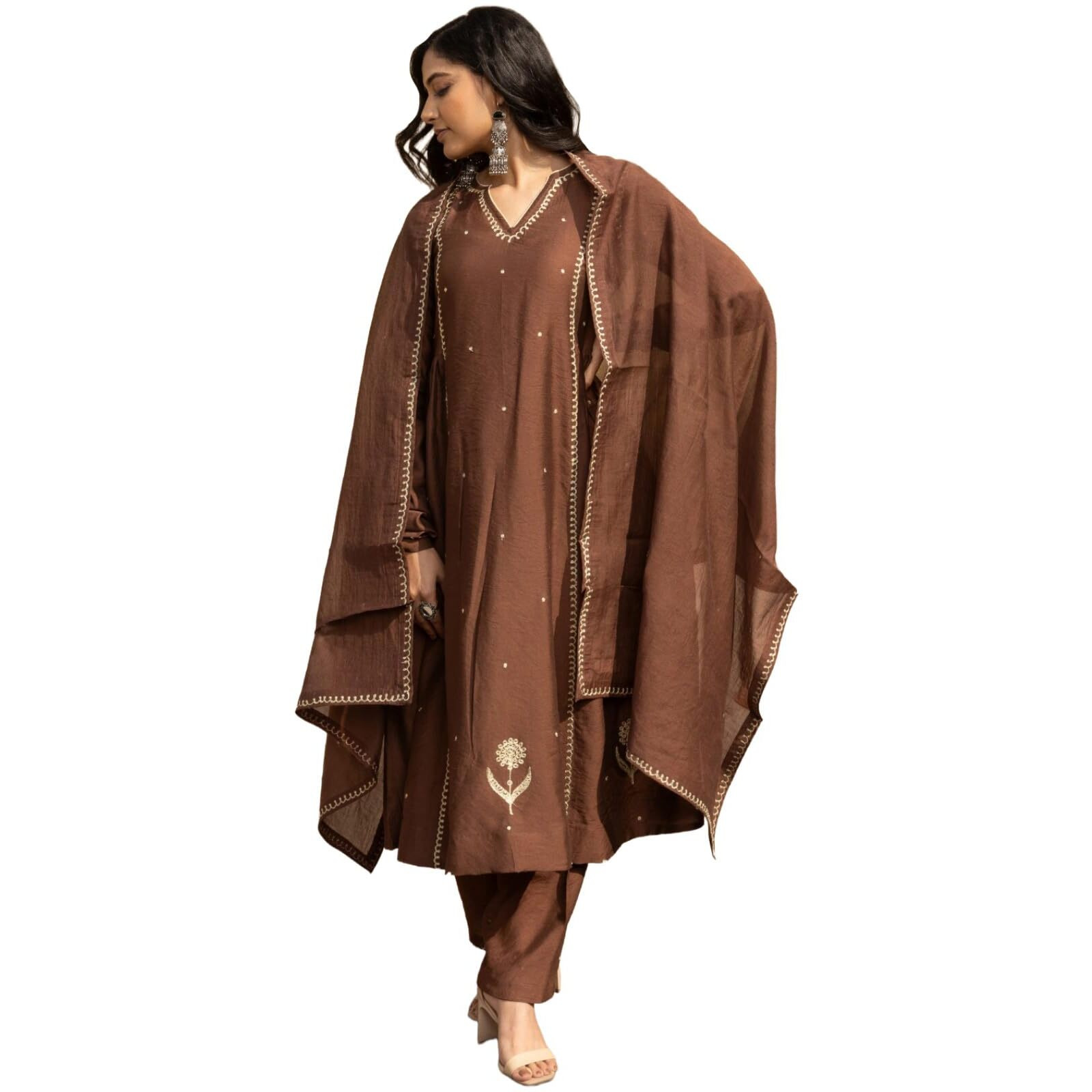 Anni Designer Women's Rayon Viscose Straight Embroidery Kurta With Pant And Dupatta (Munshi Brown_L_Brown_Large)