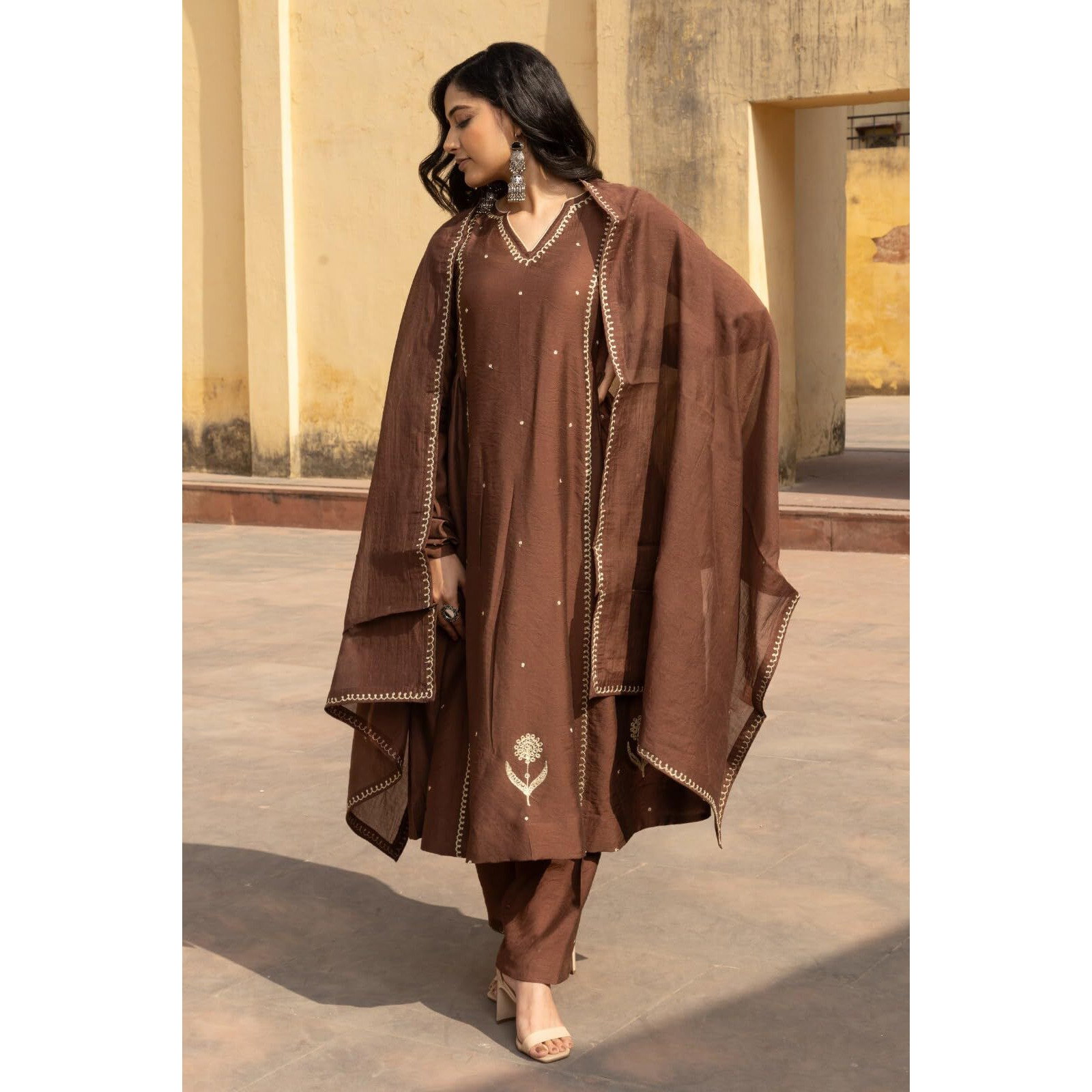 Anni Designer Women's Rayon Viscose Straight Embroidery Kurta With Pant And Dupatta (Munshi Brown_L_Brown_Large)