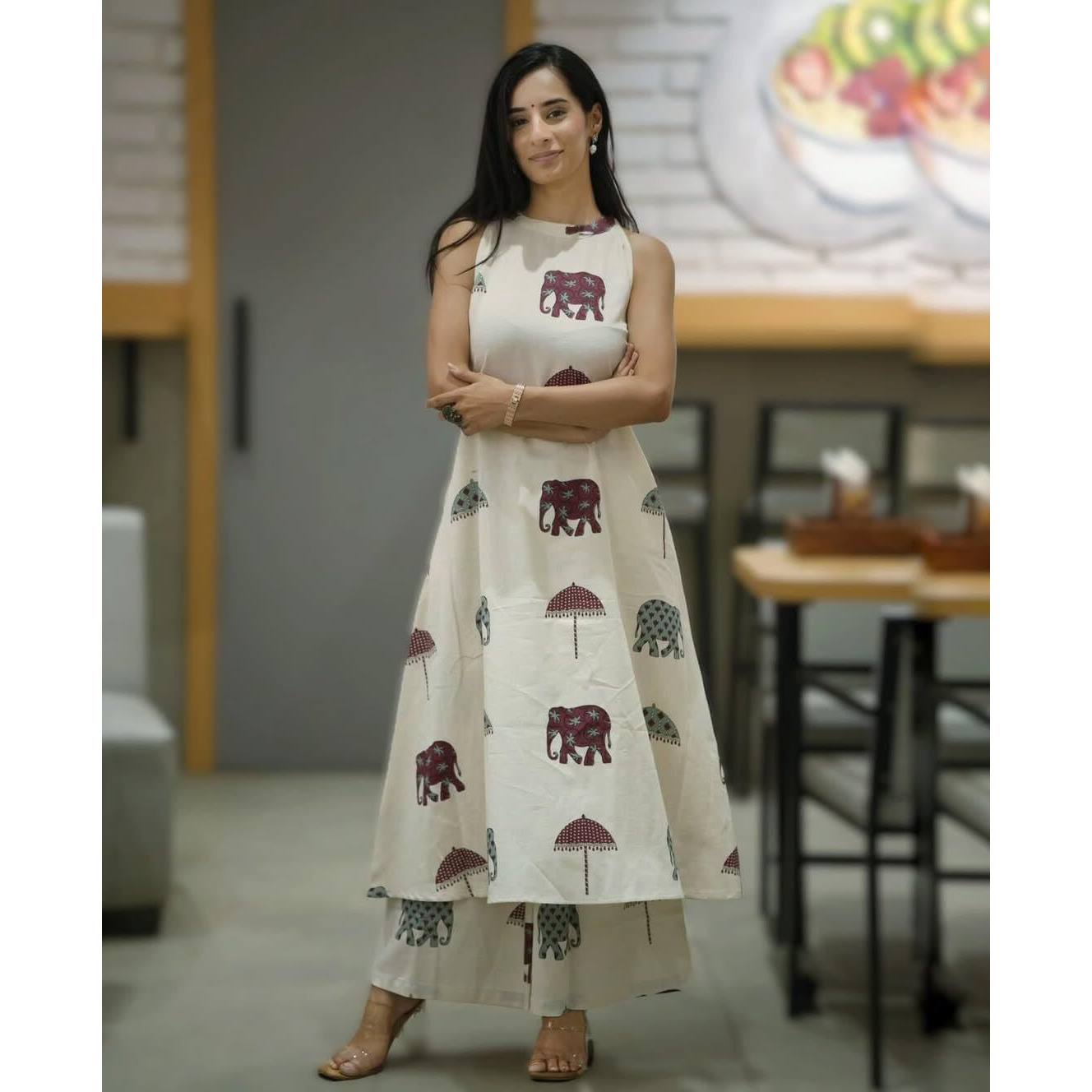 Anni Designer Women's Rayon Viscose A-Line Printed Kurta With Palazzo (Surai White_S_White_Small)