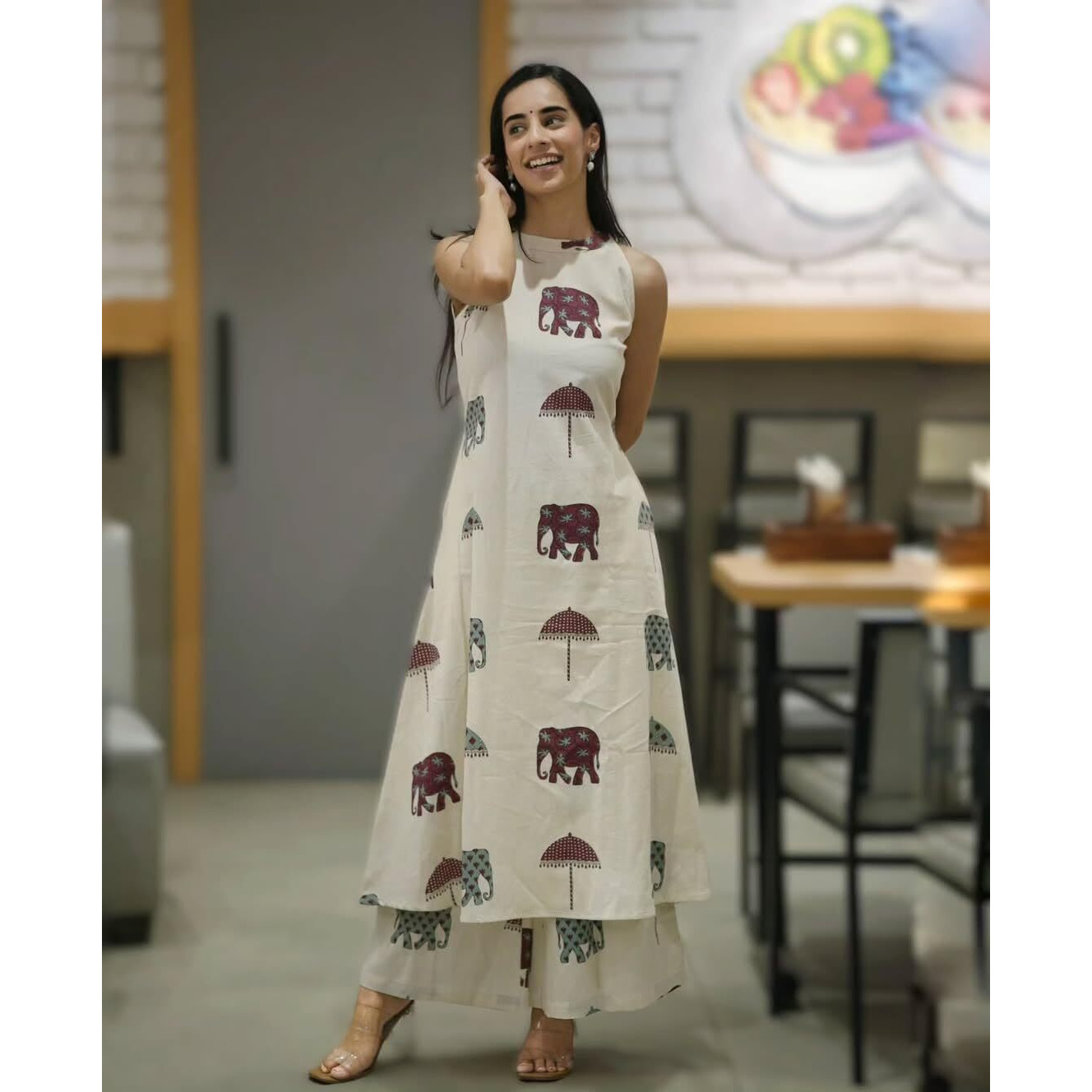 Anni Designer Women's Rayon Viscose A-Line Printed Kurta With Palazzo (Surai White_S_White_Small)