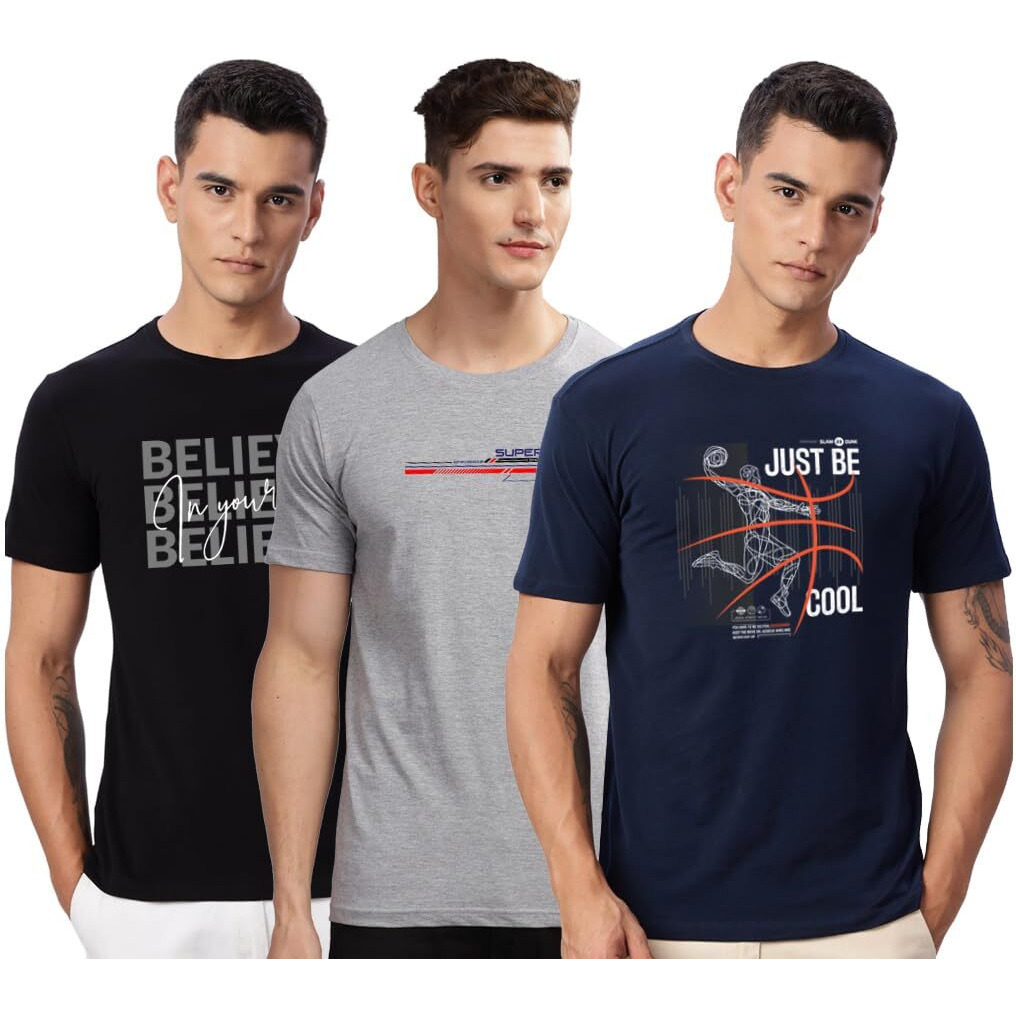 Adro 100% Cotton Lycra Tshirts For Men Combo Pack Of 3 | Regular Fit | Printed T Shirt | Round Neck Half Sleeve| Mens Tshirts|Rcm3_Bcl-Nb_Rac-Gr_Inv-Bl_M