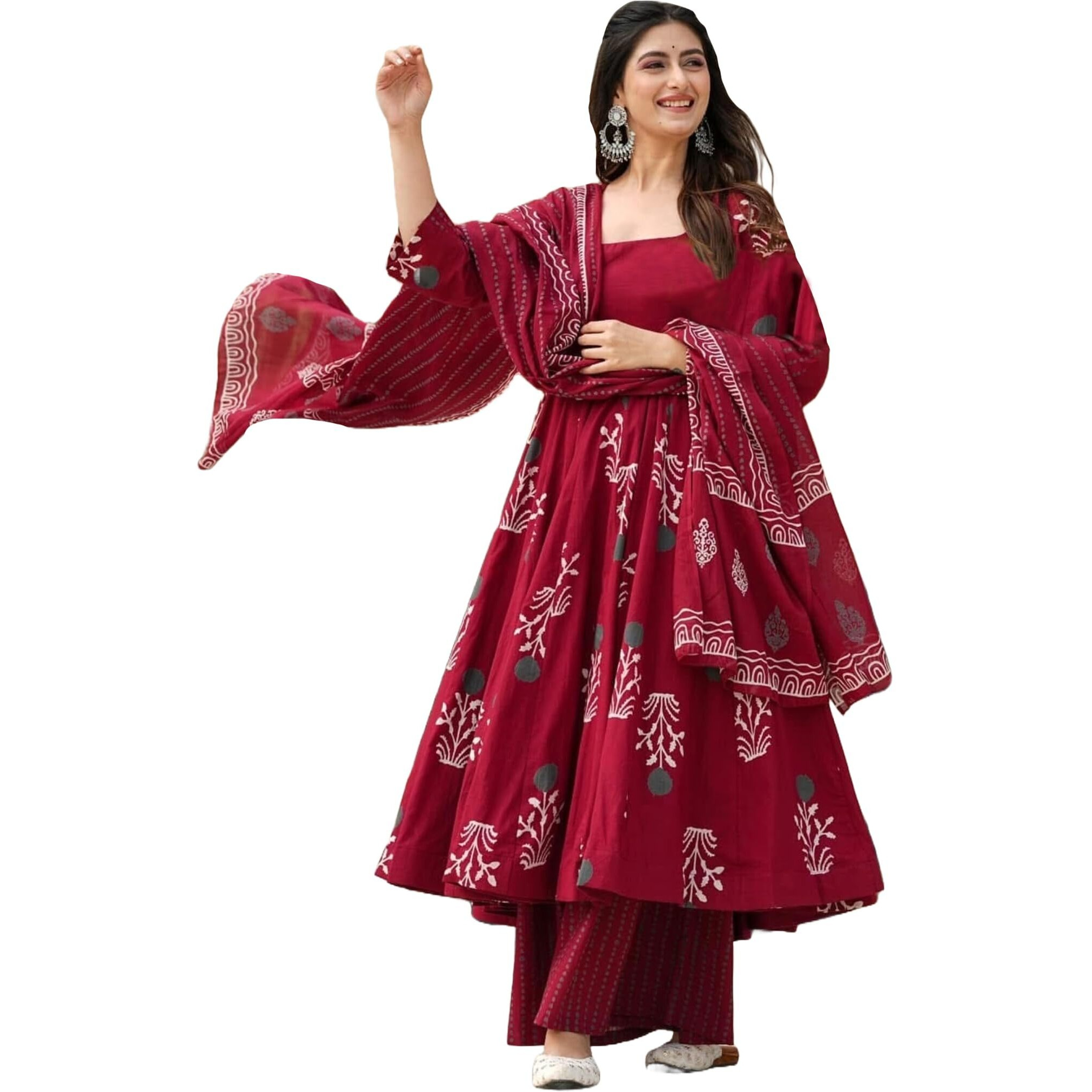 Anni Designer Women's Rayon Viscose Anarkali Printed Kurta With Pant & Dupatta (Giyana Maroon_S_Maroon_Small)