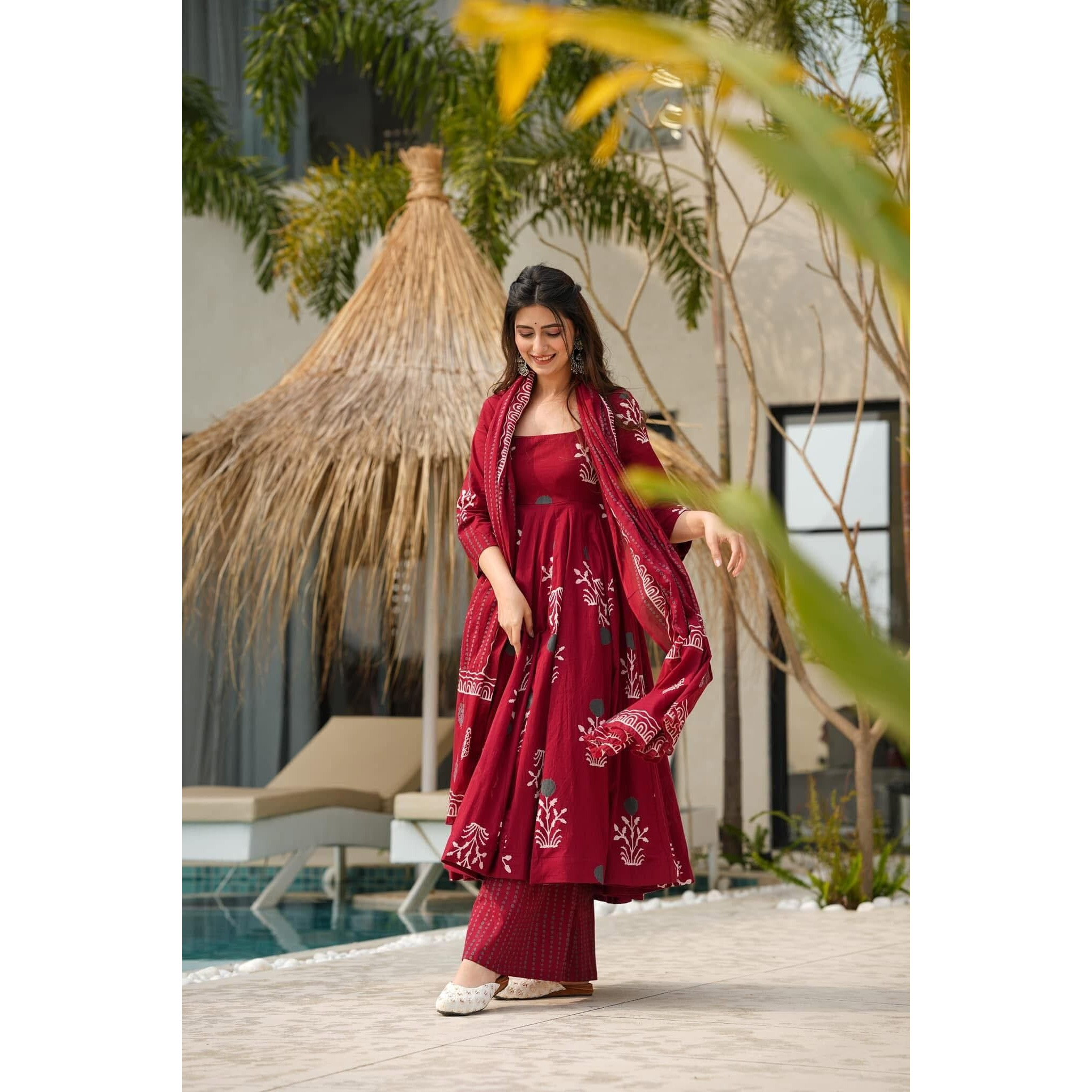 Anni Designer Women's Rayon Viscose Anarkali Printed Kurta With Pant & Dupatta (Giyana Maroon_S_Maroon_Small)