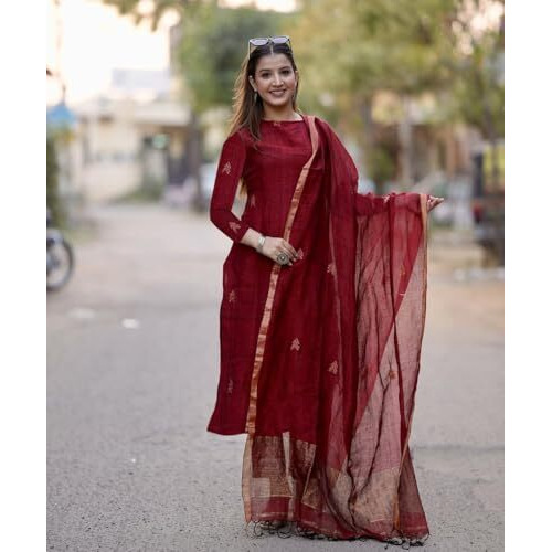 Anni Designer Women's Rayon Viscose Straight Printed Kurta With Pant & Dupatta (Chakori Maroon-Vks05_M_Maroon_Medium)
