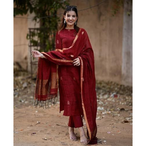 Anni Designer Women's Rayon Viscose Straight Printed Kurta With Pant & Dupatta (Chakori Maroon-Vks05_M_Maroon_Medium)