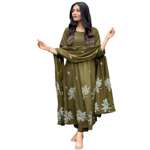 Anni Designer Women's Rayon Viscose Anarkali Printed Kurta With Pant & Dupatta (Gangori Mehandi-Vks01_S_Mehandi_Small)