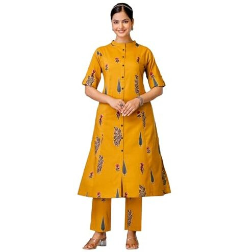 Anni Designer Women's Rayon Viscose A-Line Printed Kurta With Pant (Barkat Yellow-Vks05_L_Yellow_Large)