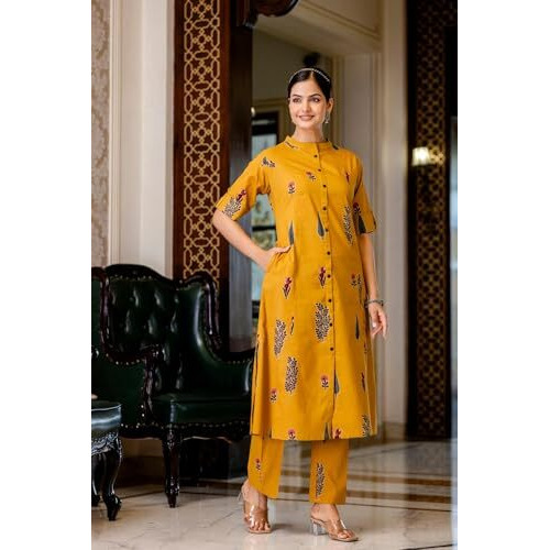 Anni Designer Women's Rayon Viscose A-Line Printed Kurta With Pant (Barkat Yellow-Vks05_L_Yellow_Large)