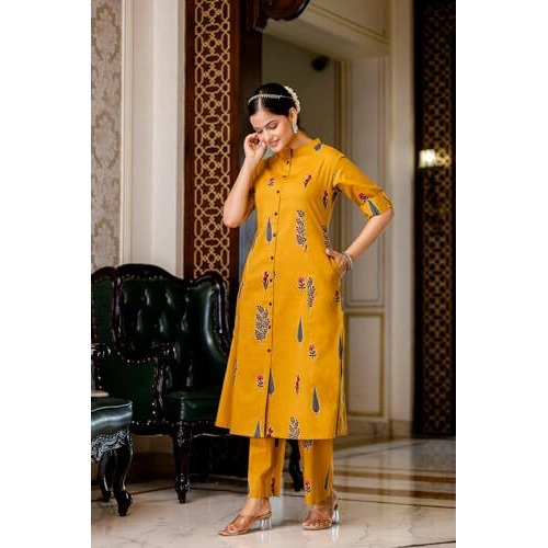 Anni Designer Women's Rayon Viscose A-Line Printed Kurta With Pant (Barkat Yellow-Vks05_L_Yellow_Large)