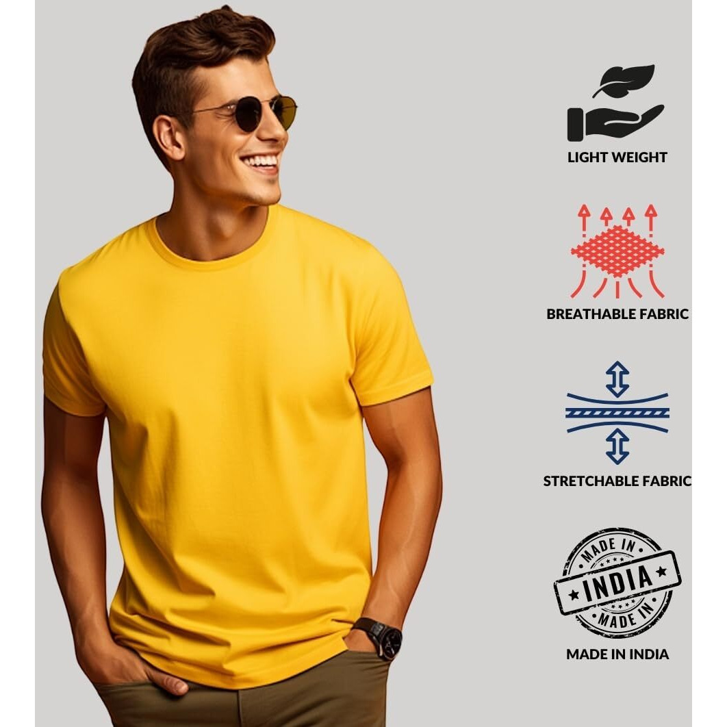 Adro Men's Solid Regular Fit T-Shirt (Rcm2-Pln-Mu-Be_Mustard,Beige