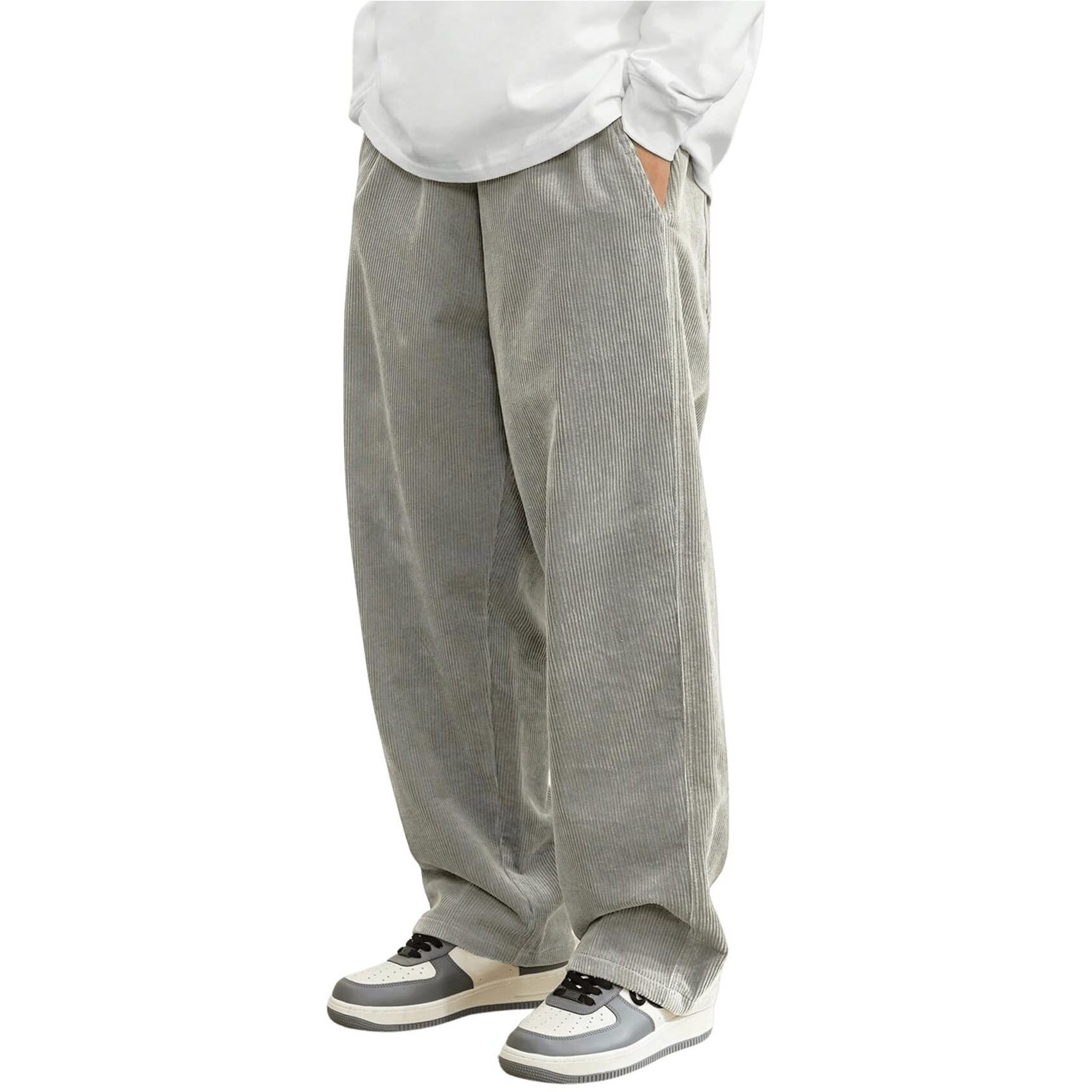 Avanova Men's Light Grey Front Tie Loose Fit Corduroy Baggy Long Slacks Chino Pants With Slant Pocket Simple Casual Trousers, Going Out (Code Pant 186 Light Grey-30)