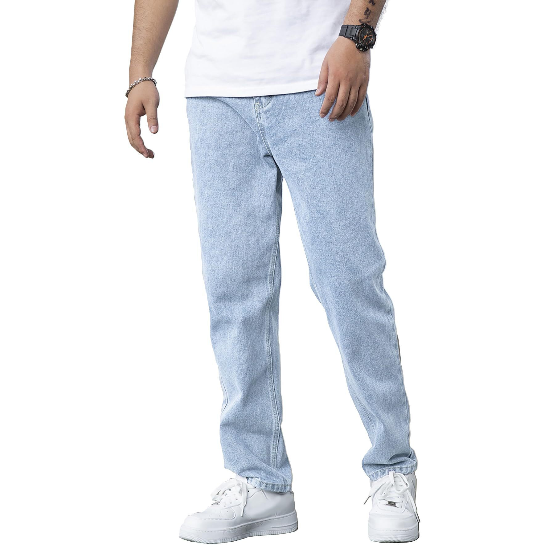 Avanova Mens Light Blue Slant Pocket Wide Leg Jeans  Casual Loose Fit Denim Pants, Cotton Blend Trousers With Slant Pockets For Daily & Streetwear (Jeans-139-Light Blue-34)