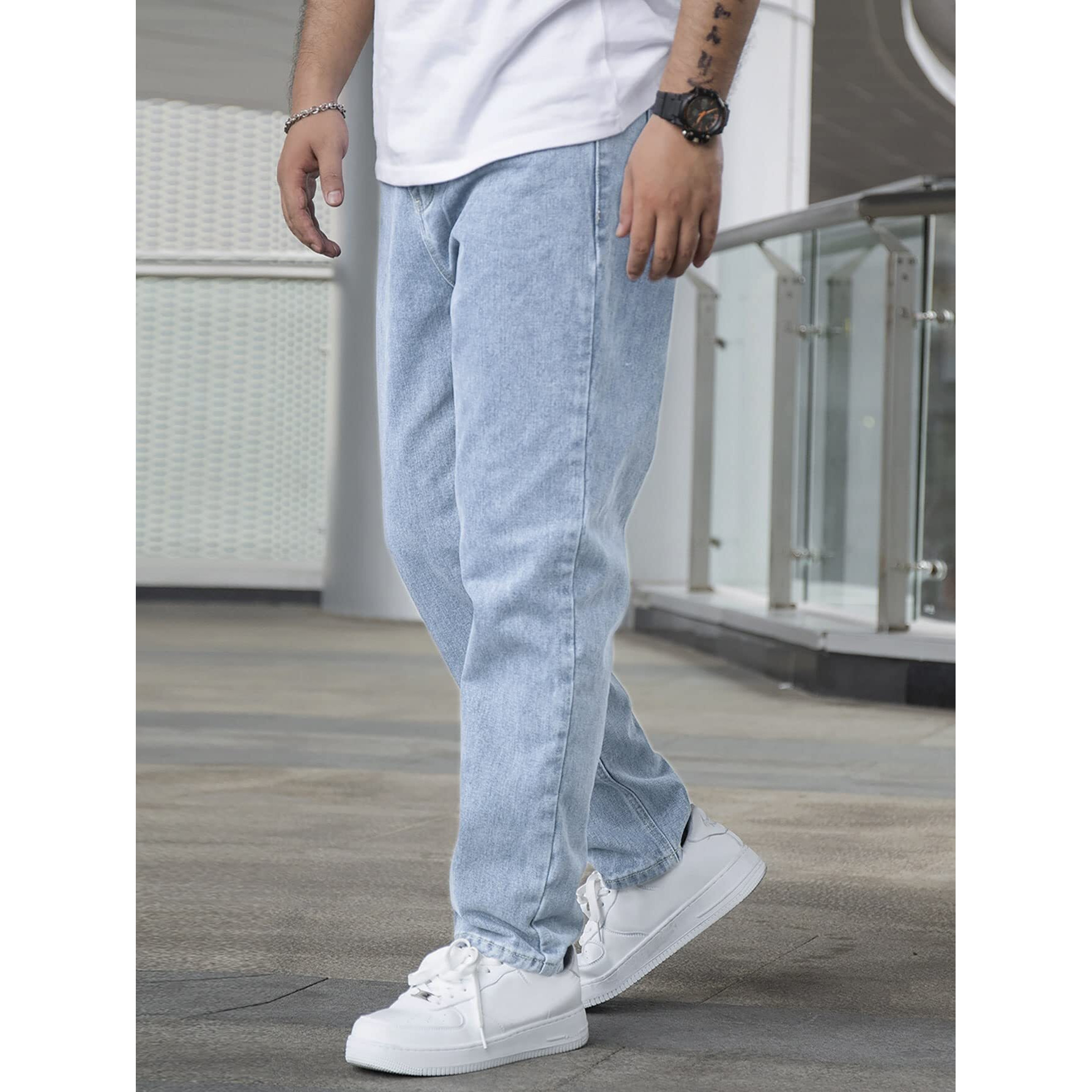 Avanova Mens Light Blue Slant Pocket Wide Leg Jeans  Casual Loose Fit Denim Pants, Cotton Blend Trousers With Slant Pockets For Daily & Streetwear (Jeans-139-Light Blue-34)