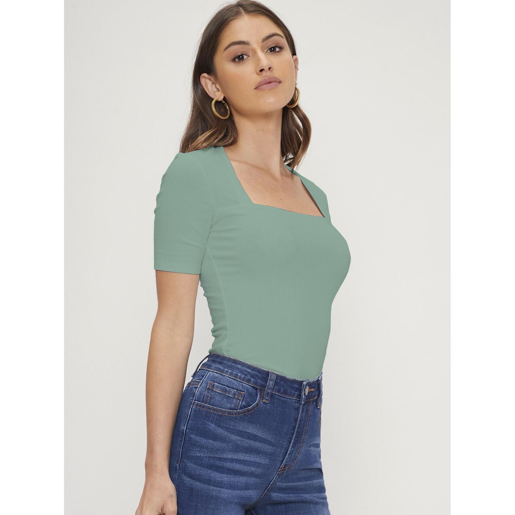 Avanova Women's & Girl's Teal Green Solid Knitted Square Neck T-Shirts Short Sleeve Tops (T-Shirt2 106 Teal 2Xl)