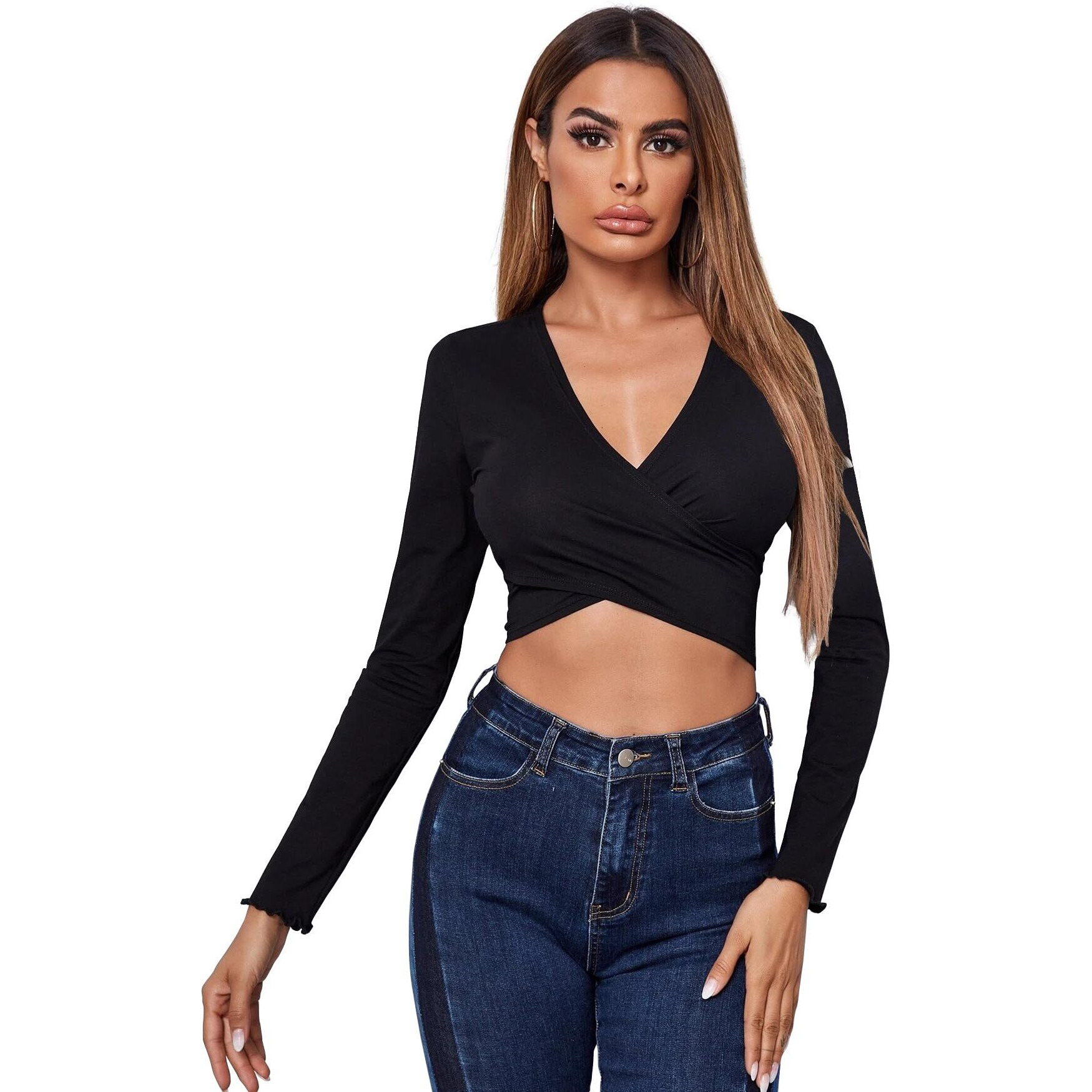 Avanova Women's & Girl's Black Full Sleeve, V-Neck, Ruched Bust Solid Tops For Women/Tops, T-Shirts For Girls (Top 64 Black M)