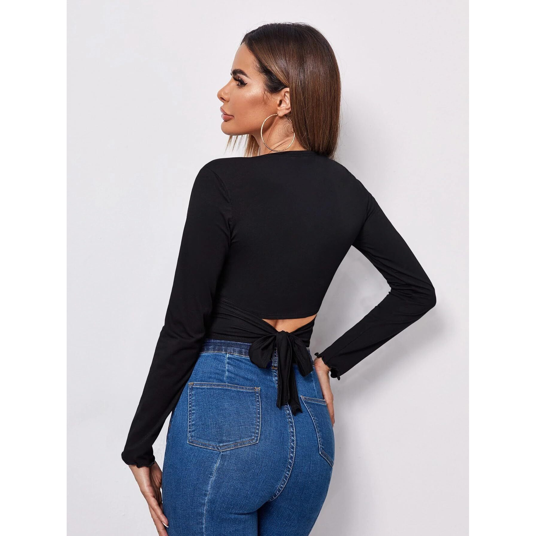 Avanova Women's & Girl's Black Full Sleeve, V-Neck, Ruched Bust Solid Tops For Women/Tops, T-Shirts For Girls (Top 64 Black M)