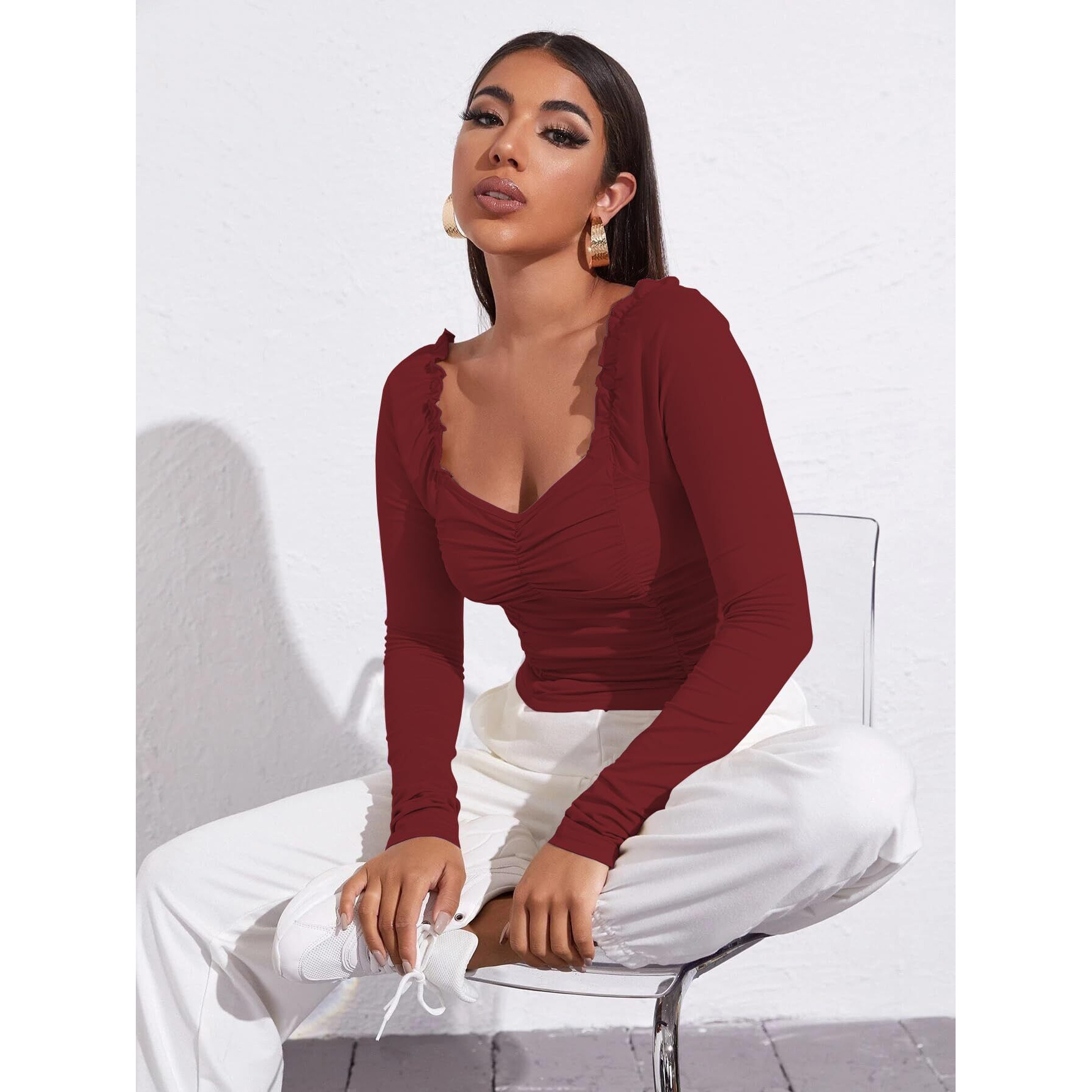 Avanova Women's & Girl's Maroon Full Sleeve, Sweat Hear Neck, Frill Trim Ruched Crop Top For Women, Tops, T-Shirts For Girls (Top 71 Maroon S)