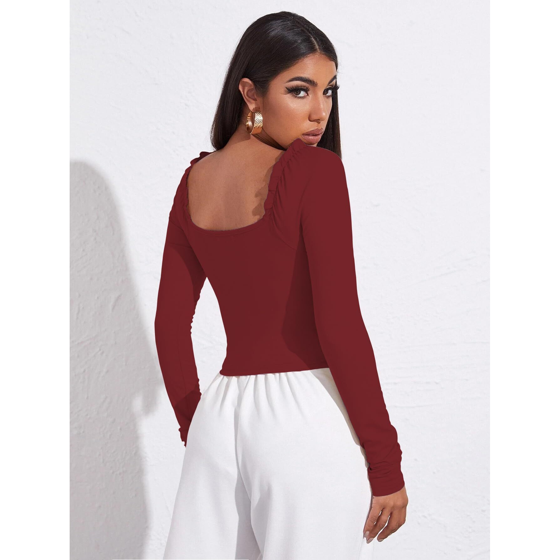 Avanova Women's & Girl's Maroon Full Sleeve, Sweat Hear Neck, Frill Trim Ruched Crop Top For Women, Tops, T-Shirts For Girls (Top 71 Maroon S)