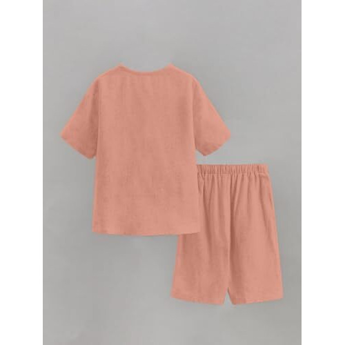 Avanova Boys 2-Piece Outfit Set  Peach Half Button Short Sleeve Top With Matching Shorts | Casual Woven Clothing Set For Boys (Kd-3007-Peach-8 Y)