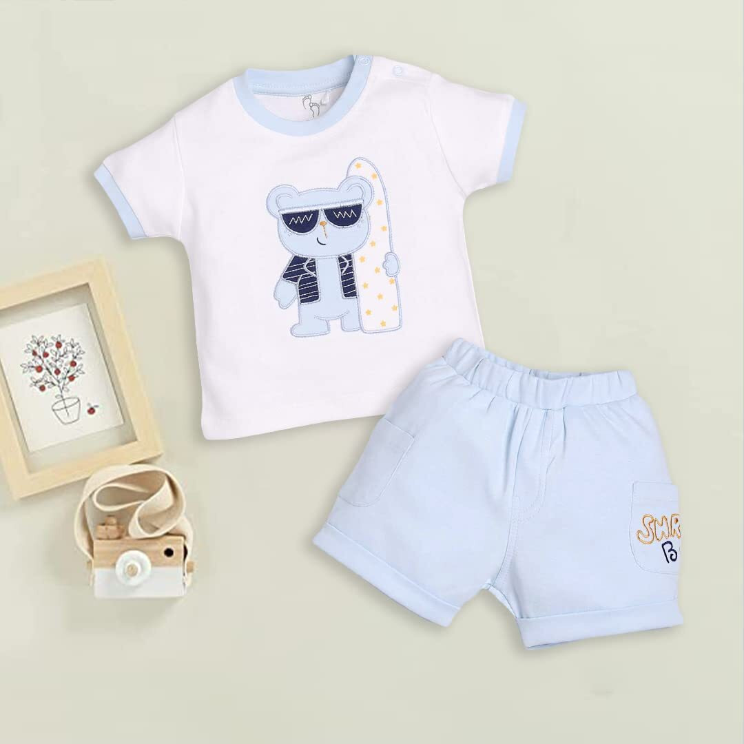 Baby Go 100% Pure Cotton Kids Printed T-Shirt &Shorts For Baby Boys (12-18 Months,Sky2), Blue